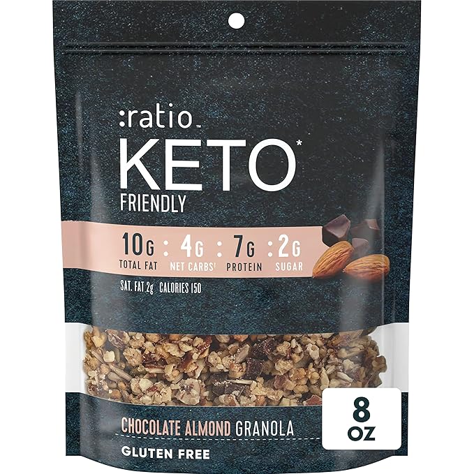 Ratio Trio Chocolate Almond Granola Cereal, 2g Sugar, Keto Friendly, 8 oz Resealable Cereal Bag