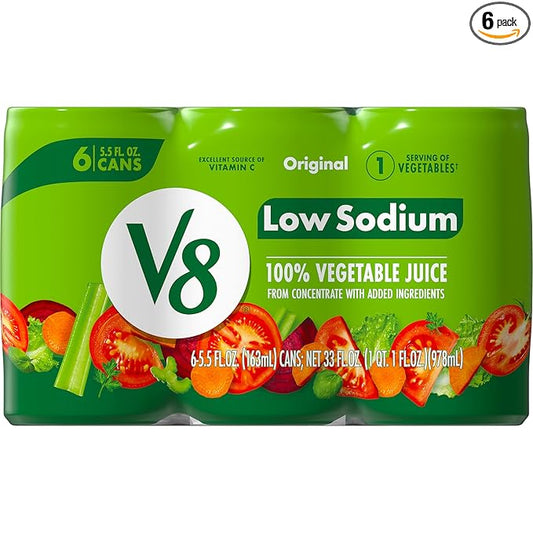 V8 Low Sodium Original 100% Vegetable Juice, 5.5 fl oz Can (6 Pack)