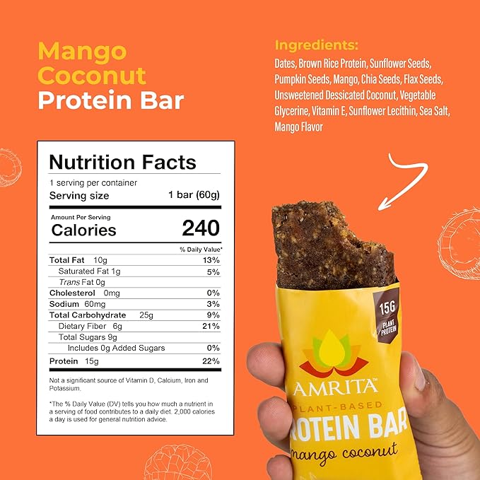 AMRITA Mango Coconut Vegan Protein Bars, 15g Plant