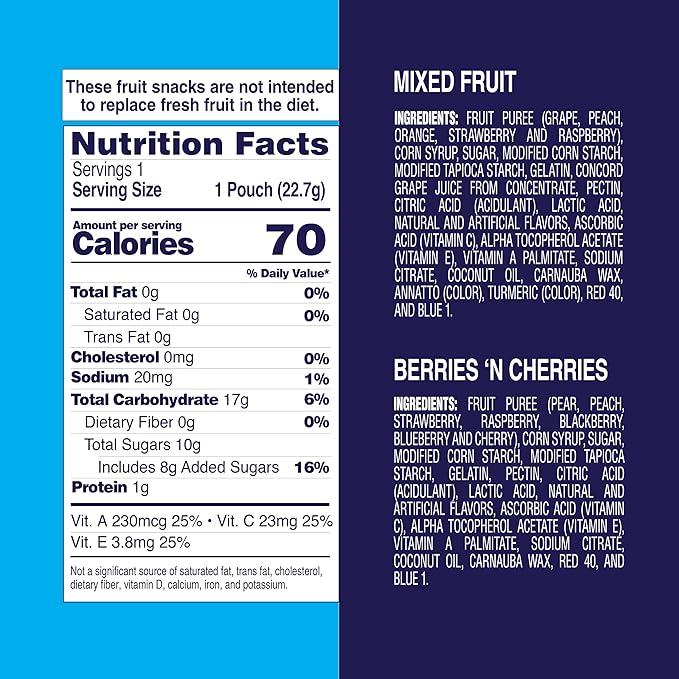 Welch's Fruit Snacks, Mixed Fruit & Berries 'N Cherries Variety Pack, Great for School Lunches, Bulk Pack, Individual Single Serve Bags, 0.8 oz (Pack of 60)