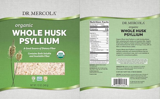 Dr. Mercola Organic Whole Husk Psyllium 68 Servings (12 Ounces),