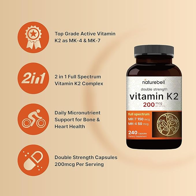 NatureBell Full Spectrum Vitamin K2 Supplement MK-7 & MK-4, 200 200 mcg, 240 Capsules 2 in 1 Formula,
