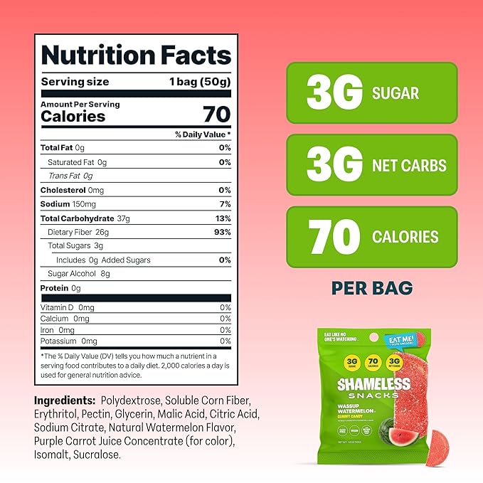 Shameless Snacks - Healthy Low Calorie Snacks, Low Carb Keto Gummies (Gluten Free Candy) - 6 Pack Wassup Watermelon