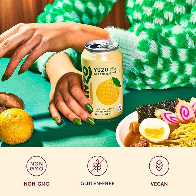 Sanzo Flavored Sparkling Water - Yuzu (Lemon) 12-Pack - Carbonated Drink Made with Real Fruit & Sugar-Free - Non-GMO, Gluten-Free & Vegan - 12 Fl Oz Cans - Pair With Ginger For Balanced Punch