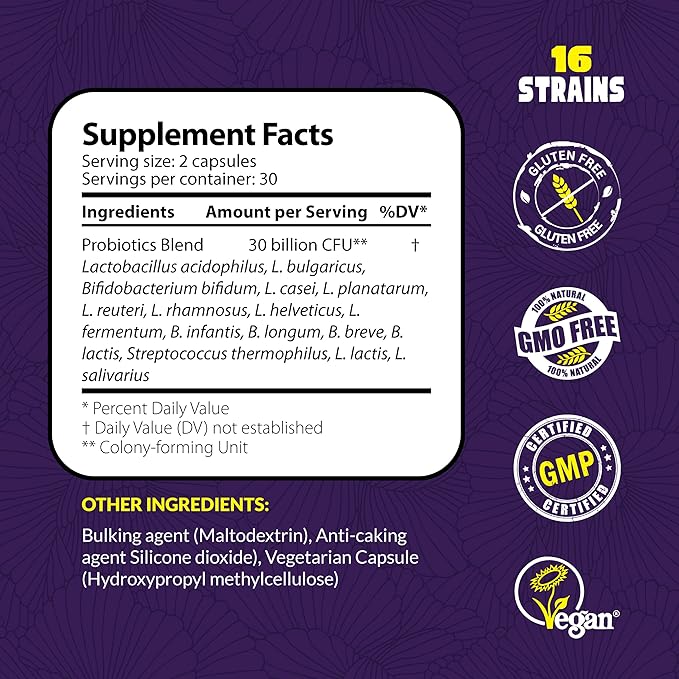 NutriZing Vegan Probiotics for Digestive Health 30 Billion 16 strains