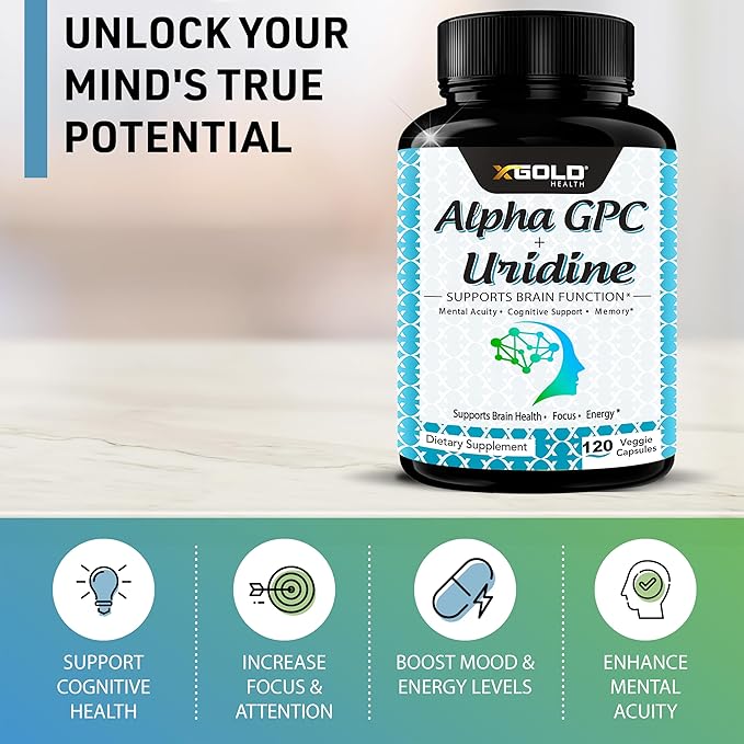 Alpha GPC Choline 600mg + Uridine 300mg-2-in-1 Nootropic -120 Veggie