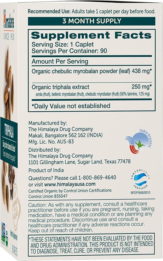 Himalaya Organic Triphala, Colon Cleanse & 688 mg, 90 Caplets, 2 Month