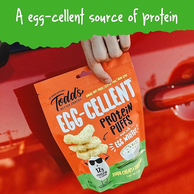 Todd's Better Snacks Egg-Cellent Protein Puffs, Sour Cream & Onion, 1.2 Oz (Pack of 10), Made with Egg Whites, 12g Protein, Gluten Free Healthy Snack