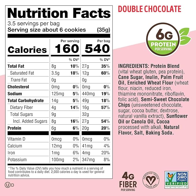 Lenny & Larry's The Complete Crunchy Cookie, Double Chocolate, 6g Plant Protein, Vegan, Non-GMO, 4.25 Ounce Pouch (Pack of 6)