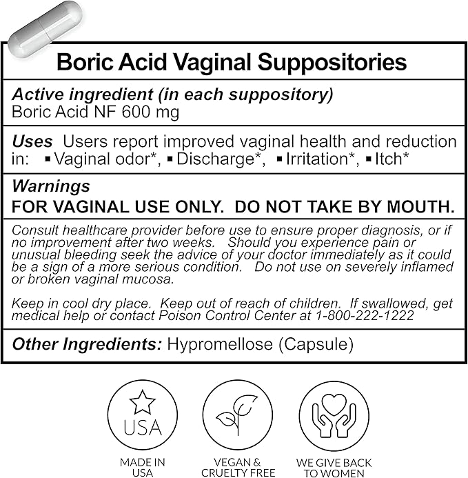 Flower Power Vegan Boric Acid Suppositories 30 Capsules 600mg for