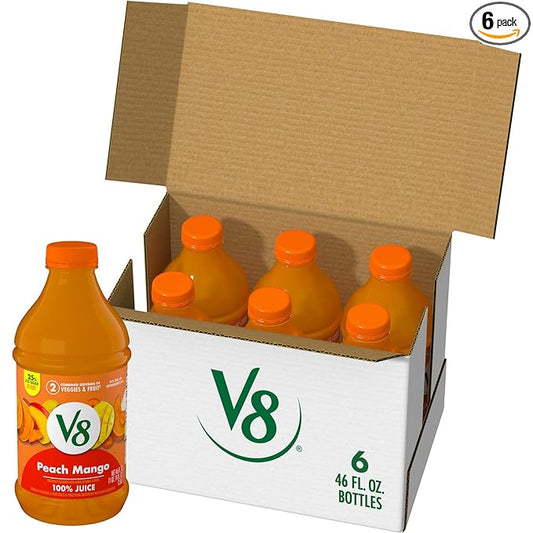 V8 Peach Mango 100% Fruit and Vegetable Juice, 46 fl oz Bottle (6 Pack)