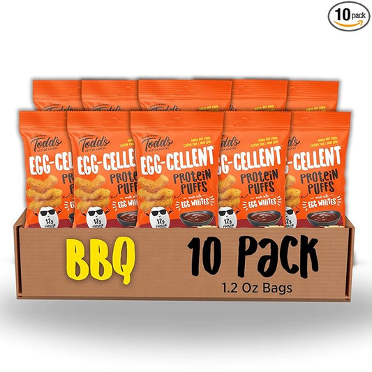 Todd's Better Snacks Egg-Cellent Protein Puffs, Sweet & Smoky BBQ, 1.2 Oz (Pack of 10), Made with Egg Whites, 12g Protein, Gluten Free Healthy Snack