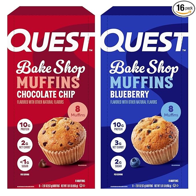Quest Bake Shop Bundle, Blueberry Muffins & Chocolate Chip Muffins, 10g Protein, 2-3g Net Carbs, <1-2g Sugar, 16 Count