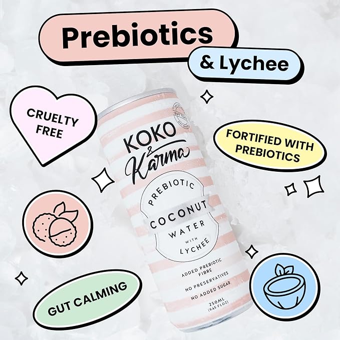 Koko & Karma – Prebiotic Coconut Water with Lychee – All Natural with No Added Sugars, Pure Coconut Water & Lychee Juice – 12 Pack - 16.9 Ounce Cans