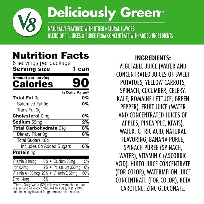 V8 Deliciously Green 100% Fruit and Vegetable Juice, 8 fl oz Can (6 Pack) (Case of 4)