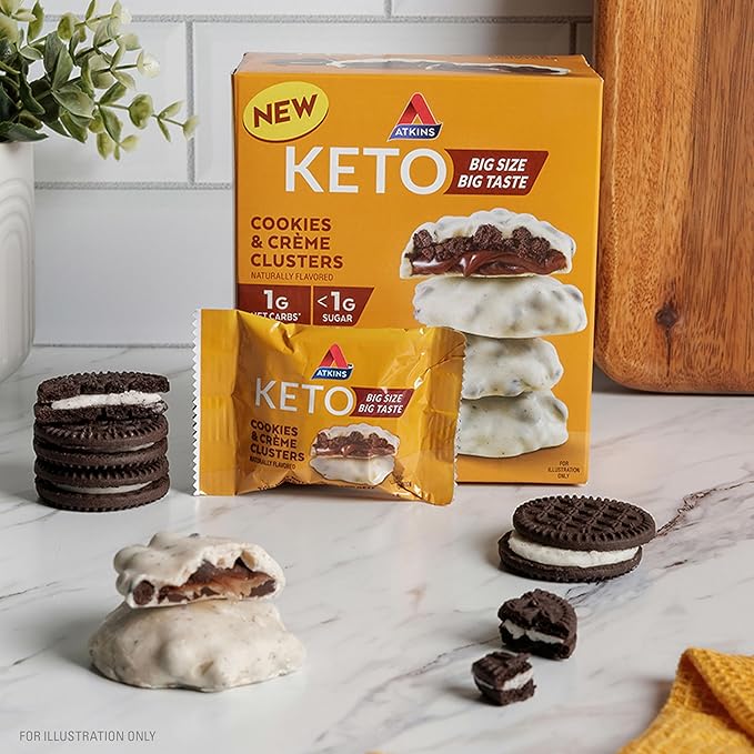 Atkins Keto Cookies & Crème Clusters, Gluten Free, High Fiber, Low Carb, Keto Friendly, 8 Count