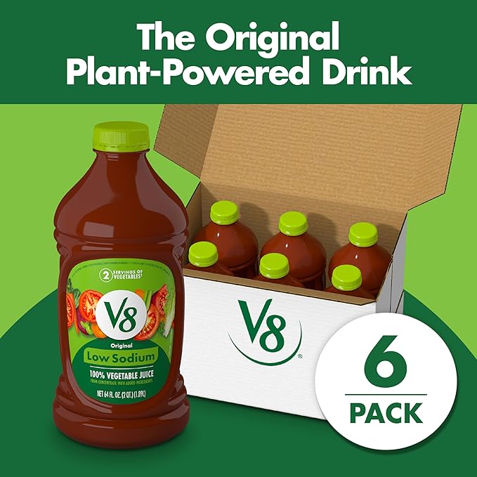 V8 Low Sodium Original 100% Vegetable Juice, 64 fl oz Bottle (6 Pack)