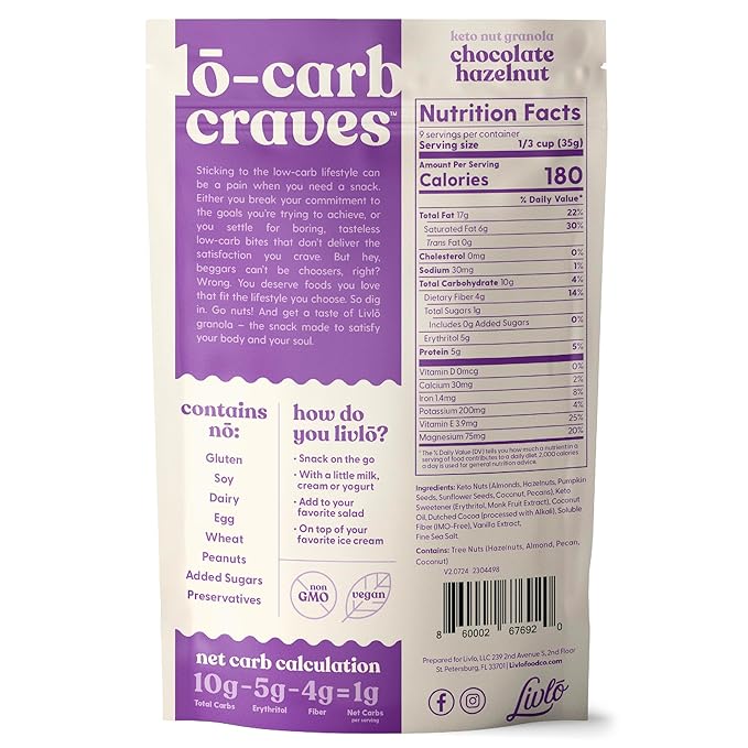 Livlo Keto Granola Cereal - 1g Net Carbs - Grain Free & Gluten Free Cereal - Low Carb Keto Snacks & Food - Ketogenic, Paleo & Diabetic Friendly - Chocolate Hazelnut, 11oz