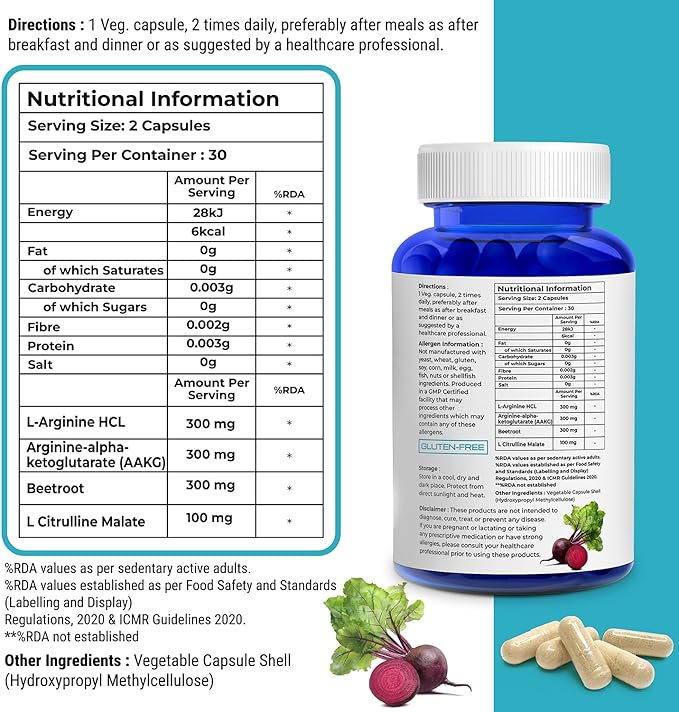 Nitric Oxide Capsule L-Arginine Supplement 60 Vegan