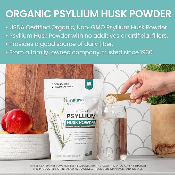 Himalaya Organic Psyllium Husk Powder, Daily 56-Teaspoon Supply, 12 Oz