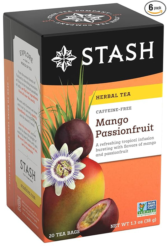 Stash Tea Mango Passionfruit Herbal Tea - Naturally Caffeine Free, Non-GMO Project Verified Premium Tea with No Artificial Ingredients, 20 Count (Pack of 6) - 120 Bags Total