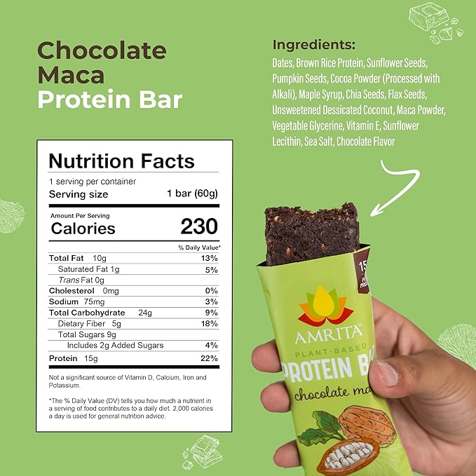 AMRITA Chocolate Maca Vegan Protein Bars 15g of