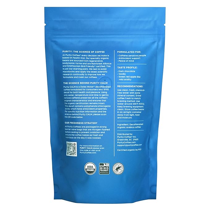 Purity Coffee CALM Decaf Medium Roast Whole Beans - USDA Certified Organic Specialty Grade Arabica Swiss Water Processed Decaffeinated - Third Party Tested for Mold, Mycotoxins, Pesticides - 12 oz Bag