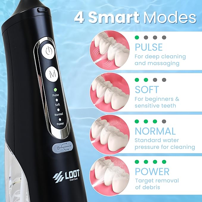 Dental Water Flosser Cordless, 310ML Electric 4 Cleaning 8 Replaceable IPX7 Waterproof (8 Tips)