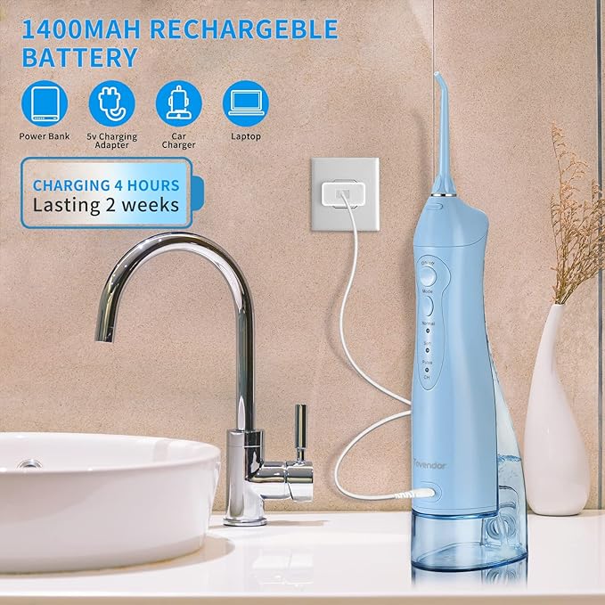 TOVENDOR Electric Water Flosser, Rechargeable Dental 3 Modes, 5 Tips (300ML, IPX7Waterproof IPX7Waterproof Waterflosser)
