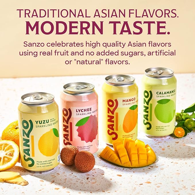 Sanzo Flavored Sparkling Water - Calamansi (Lime) 12-Pack - Carbonated Drink Made with Real Fruit and Sugar-Free - Non-GMO, Gluten-Free & Vegan - 12 Fl Oz Cans - Tart Lime with Hints of Tangerine