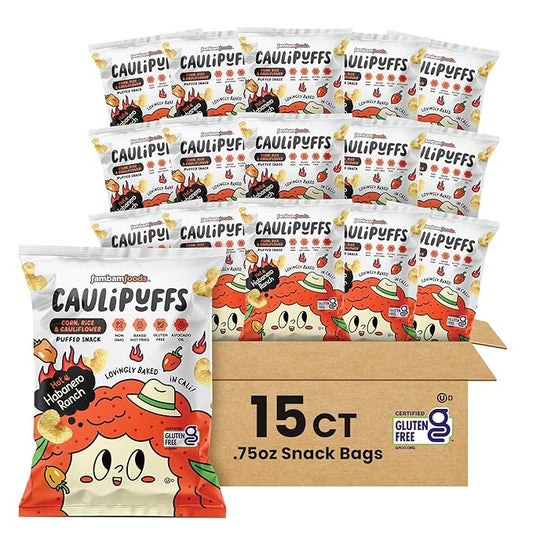 Habanero Ranch CauliPuffs - Corn, Rice, and Cauliflower Gluten Free Puffed Snack – (Box of 15, 0.75oz bags)