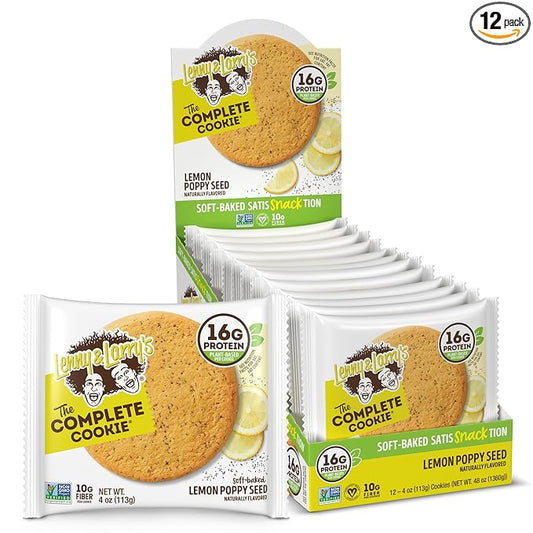 Lenny & Larry's The Complete Cookie, Lemon Poppy Seed, Soft Baked, 16g Plant Protein, Vegan, Non-GMO, 4 Ounce Cookie (Pack of 12)