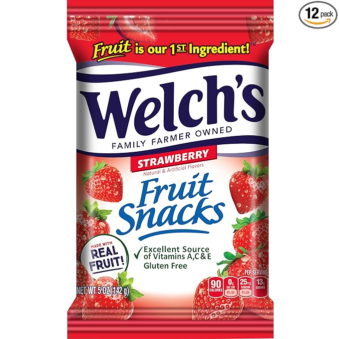 Welch's Fruit Snacks, Strawberry, Perfect for School Lunches, Sharing Size Bags, 5 oz (Pack of 12)