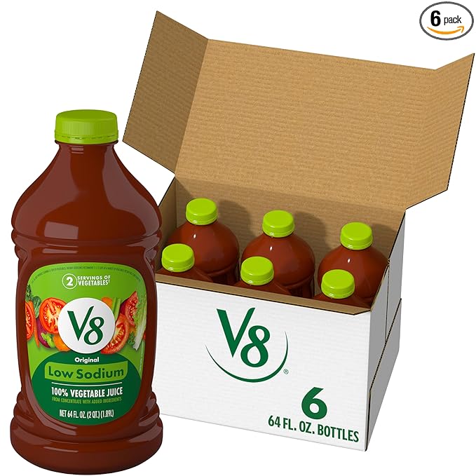 V8 Low Sodium Original 100% Vegetable Juice, 64 fl oz Bottle (6 Pack)