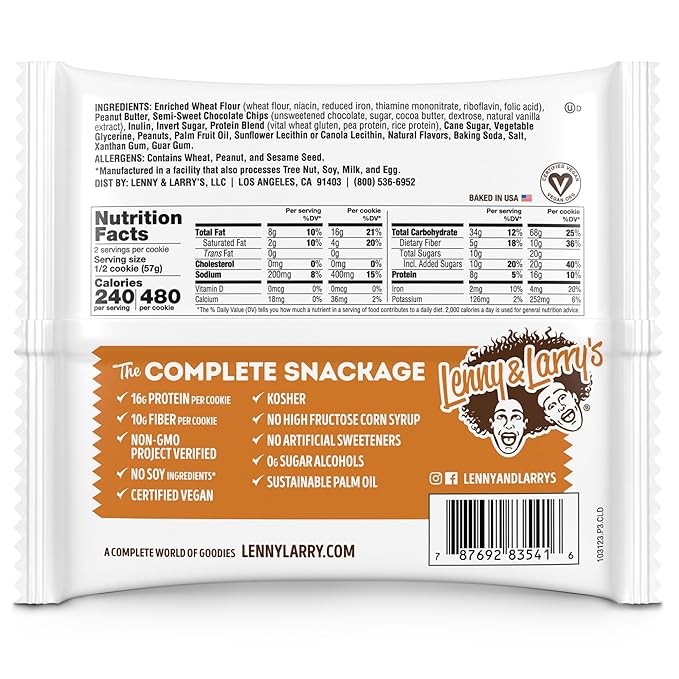 Lenny & Larry's The Complete Cookie, Peanut Butter Chocolate Chip, Soft Baked, 16g Plant Protein, Vegan, Non-GMO, 4 Ounce Cookie (Pack of 12)