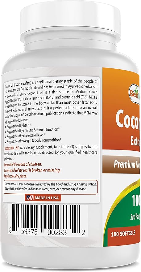 Best Naturals Extra Virgin Coconut Oil 1000 mg Softgel, 180 Count
