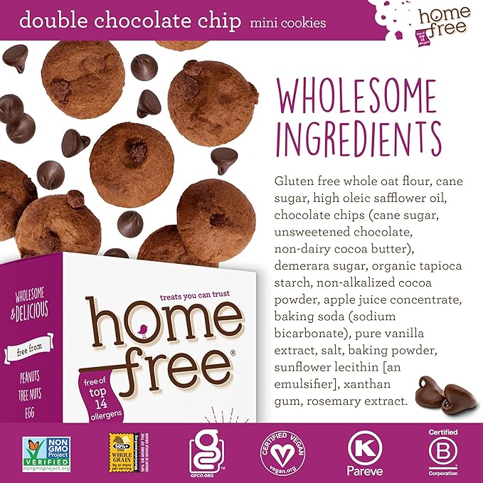 Homefree Mini Double Chocolate Chip Cookie Box, Gluten Free, Nut Free, Vegan, School Safe and Allergy Friendly Snack, 5 oz. Box (Pack of 1)