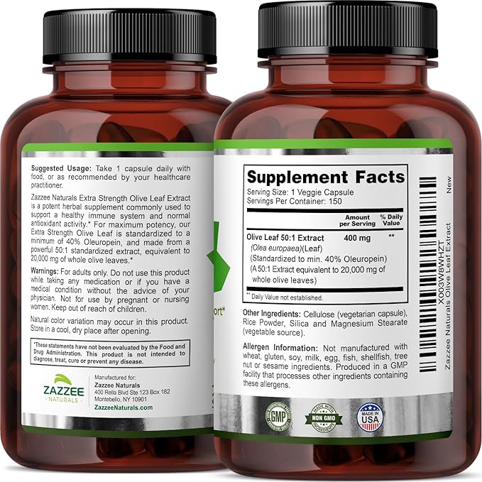 Zazzee Extra Strength Olive Leaf 50:1 20,000 mg 40% Oleuropein, 150 Vegan 5 Month 50X Extract, 100% Vegetarian,