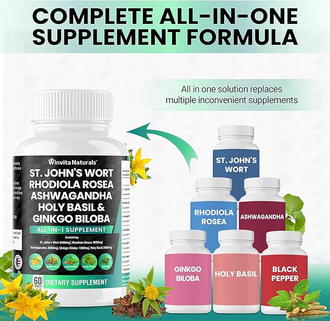 St Johns Wort 6000mg Rhodiola Rosea 6000mg Ashwagandha 3000mg Holy 2000mg Ginkgo 1000mg -