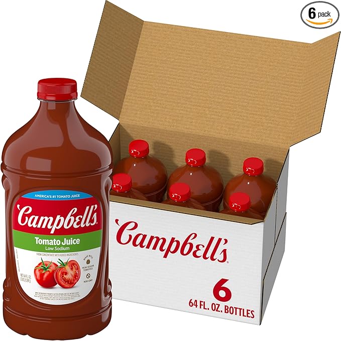 Campbell's Low Sodium 100% Tomato Juice, 64 fl oz Bottle (6 Pack)