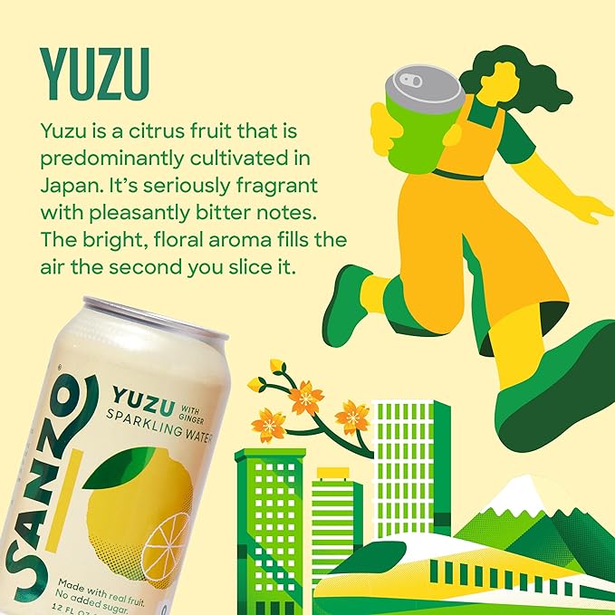Sanzo Flavored Sparkling Water - Yuzu (Lemon) 12-Pack - Carbonated Drink Made with Real Fruit & Sugar-Free - Non-GMO, Gluten-Free & Vegan - 12 Fl Oz Cans - Pair With Ginger For Balanced Punch