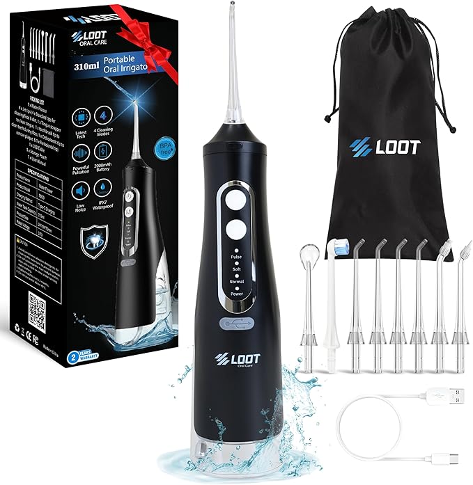 Dental Water Flosser Cordless, 310ML Electric 4 Cleaning 8 Replaceable IPX7 Waterproof (8 Tips)