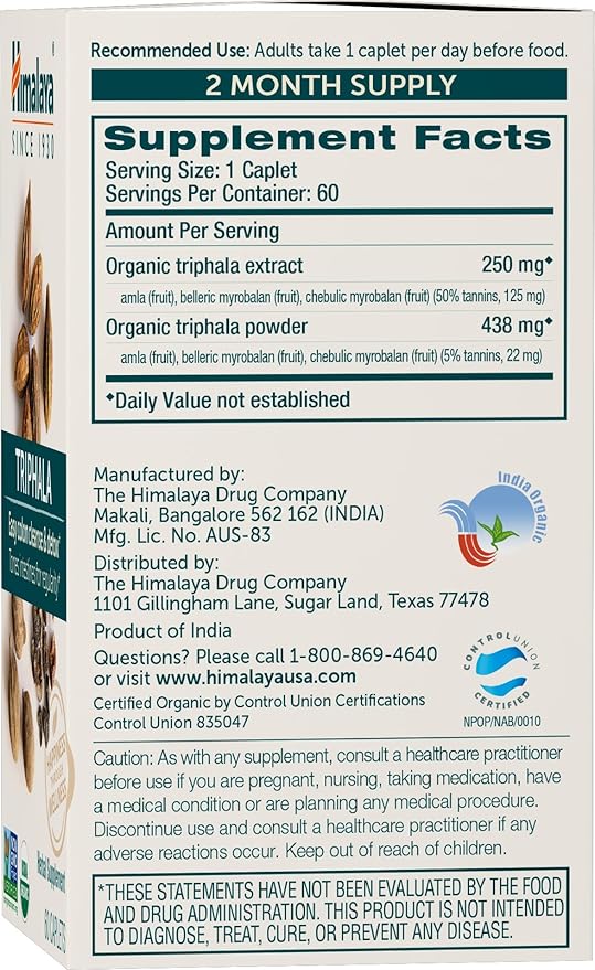 Himalaya Organic Triphala, 2 Month Supply, 688 mg, 60 Caplets