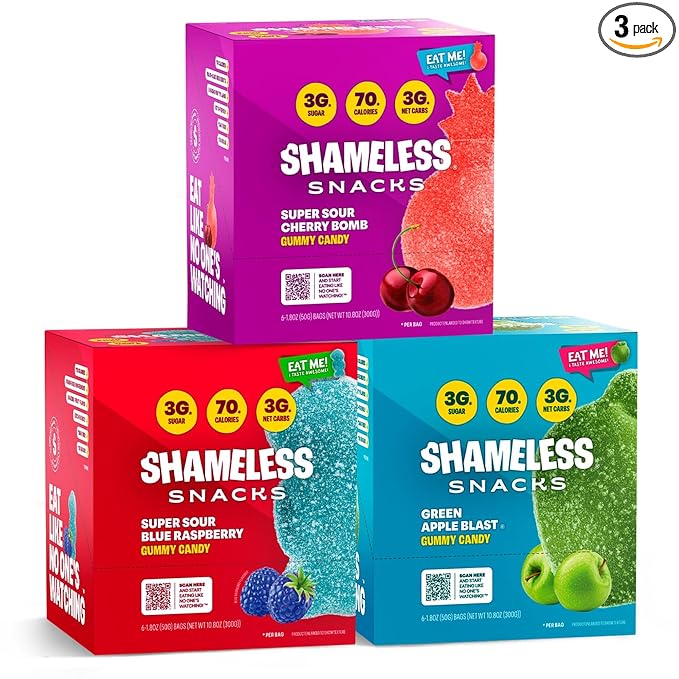 Shameless Snacks Sour Flavors Bundle Healthy Low Carb Keto Gummies Cherry Bomb, Blue Raspberry and Green Apple