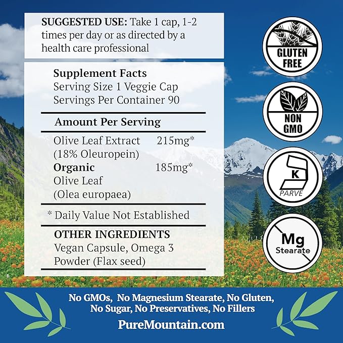 Pure Mountain Botanicals Olive Leaf Extract Capsules 90 Kosher 400mg Organic