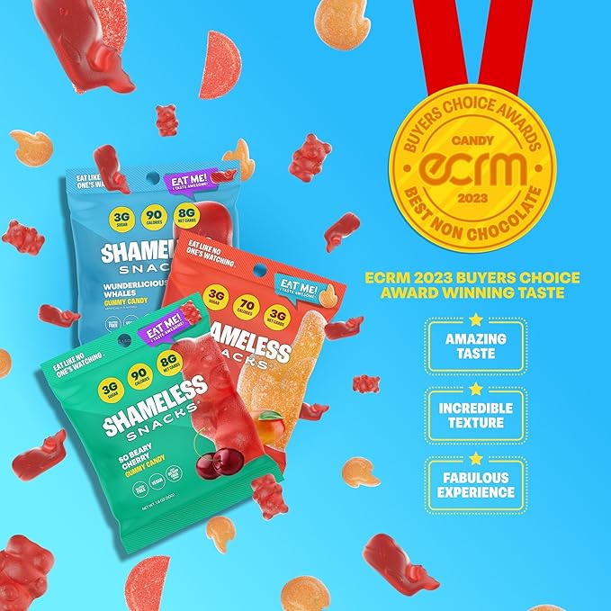 Shameless Snacks New Flavors Bundle Healthy Low Carb Keto Gummies Beary Cherry, Wunderlicious Whales and Chilli Mango