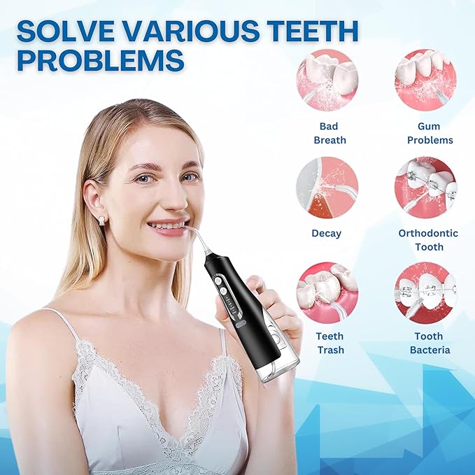 Dental Water Flosser Cordless, 310ML Electric 4 Cleaning 6 Replaceable IPX7 Waterproof (6 Tips)