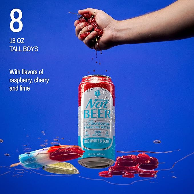 Not Beer American Sparkling Water, Red White & Blue, 99.9% Pure, Mineral & Electrolyte Blend, Carbonated Soda Water, Made in America, 16 Oz Tallboy Cans, 8 Pack