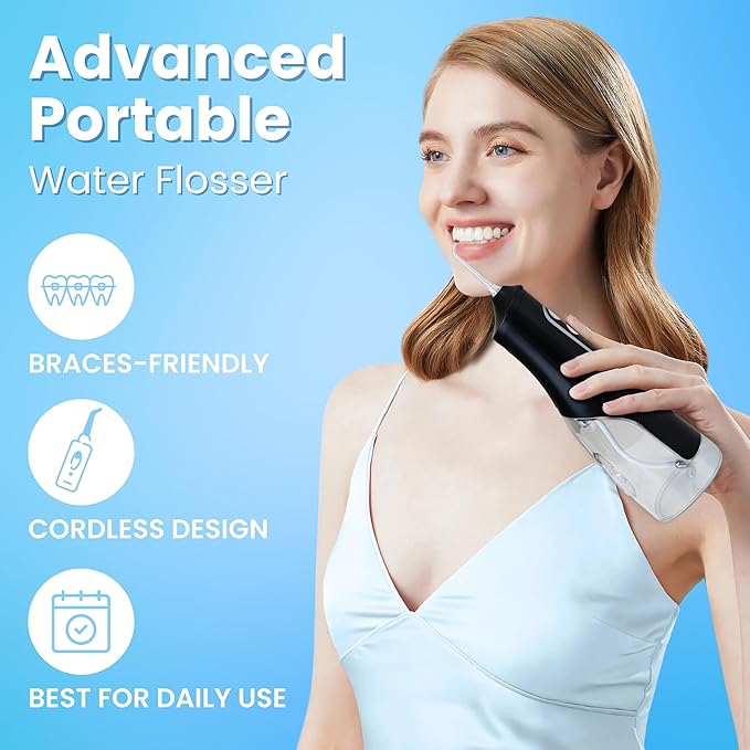 Dental Water Flosser Cordless, 310ML Electric 4 Cleaning 8 Replaceable IPX7 Waterproof (8 Tips)