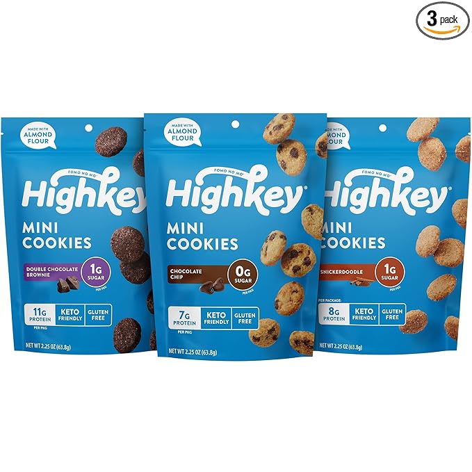 HighKey Sugar Free Cookies Variety Pack - 6.75oz Keto Snacks Zero Carb No Sugar 3-Pack Chocolate Chip Cookie, Snickerdoodle, Brownie Bites Low Carb Gluten Free Diabetic Snack Diet Friendly Food Sweets